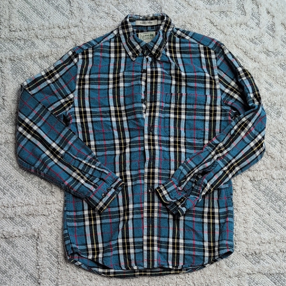 L.L. Bean Teal Blue Plaid Button-Down Shirt Slightly Fitted